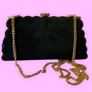 New black velvet scallop edge bag with gold tone accents